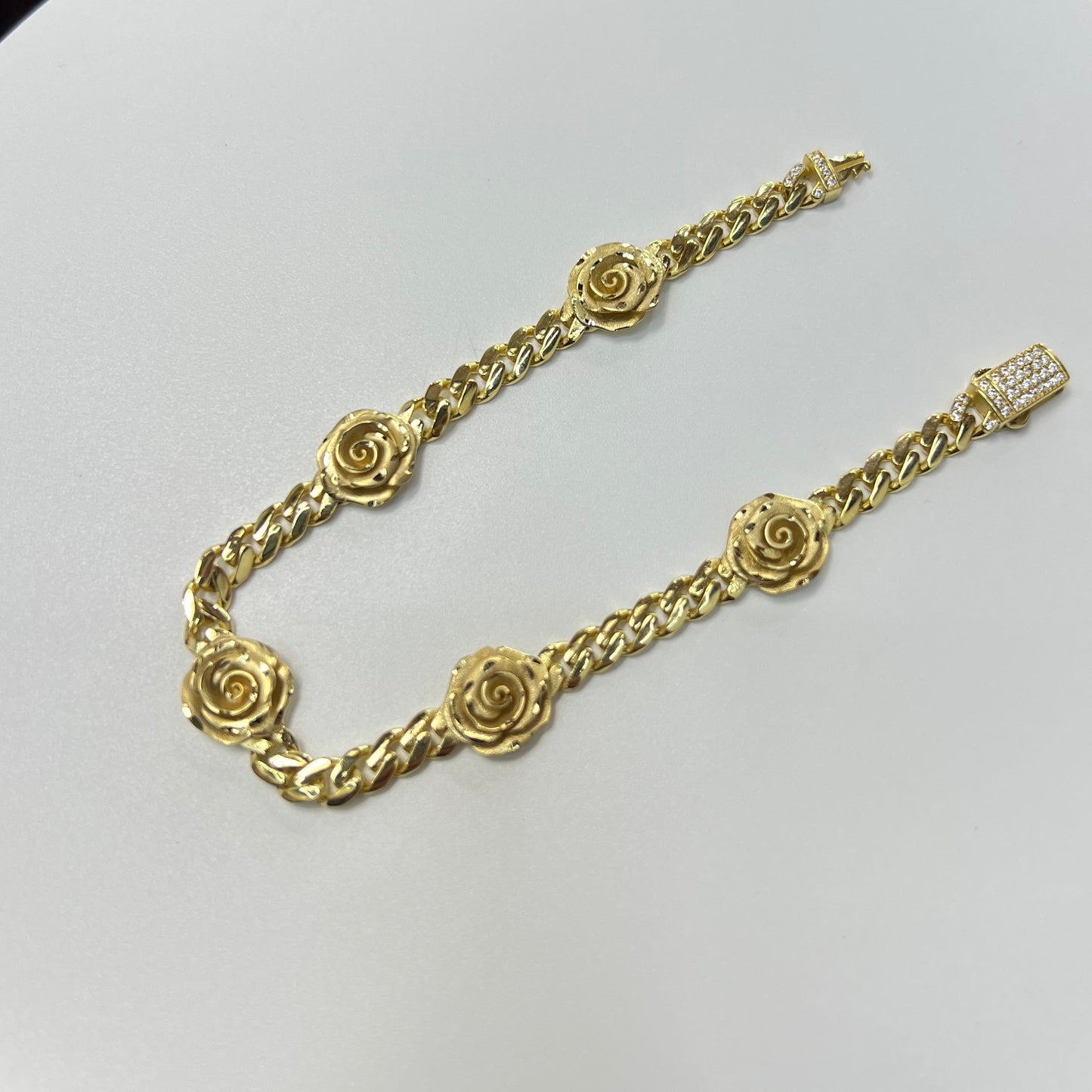 1633- NEW 10K Gold Rose Flower Bracelet 7.5" (10.1mm) W.G