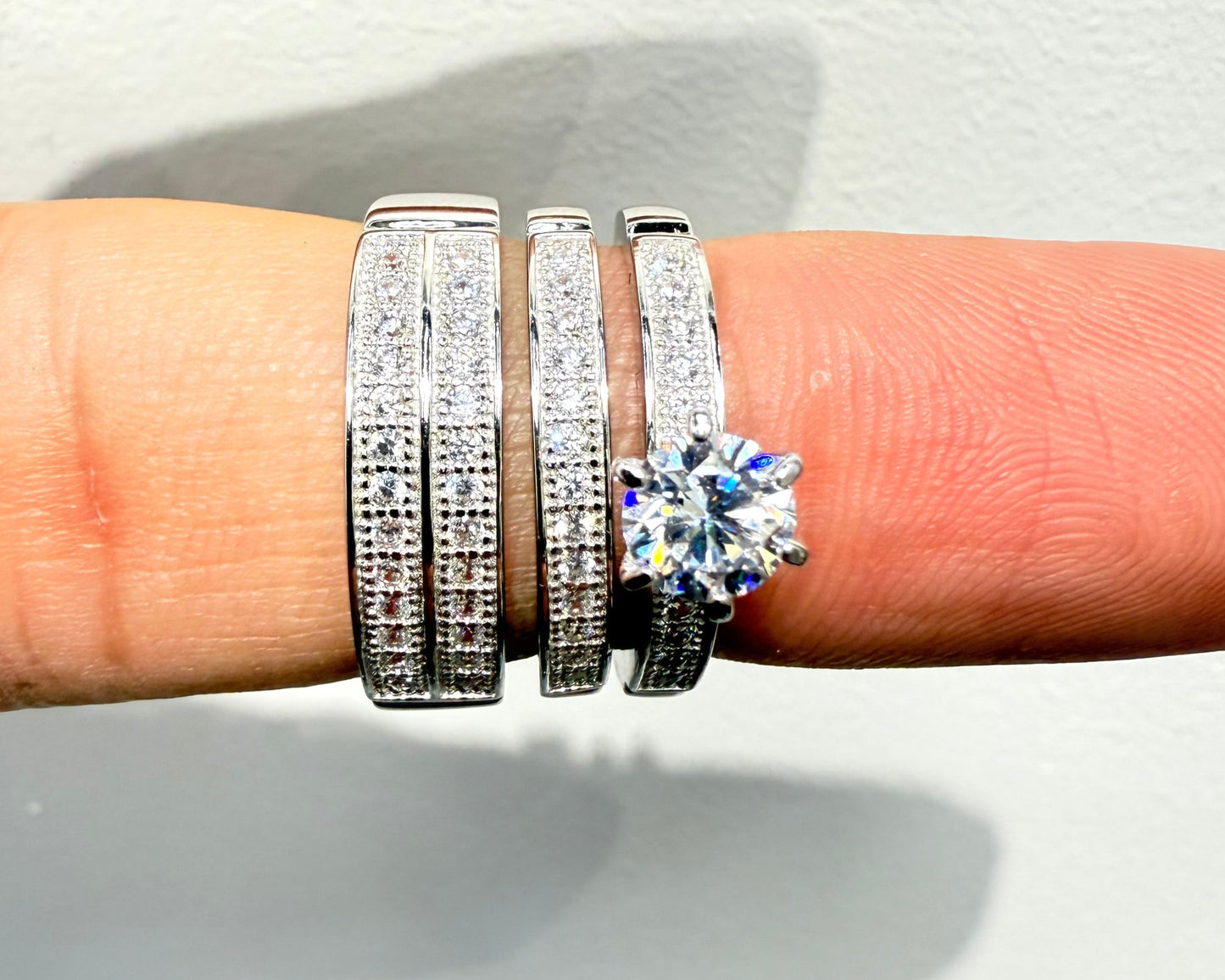 S1132- NEW .925 Sterling Silver Wedding Trio Ring Set W.G