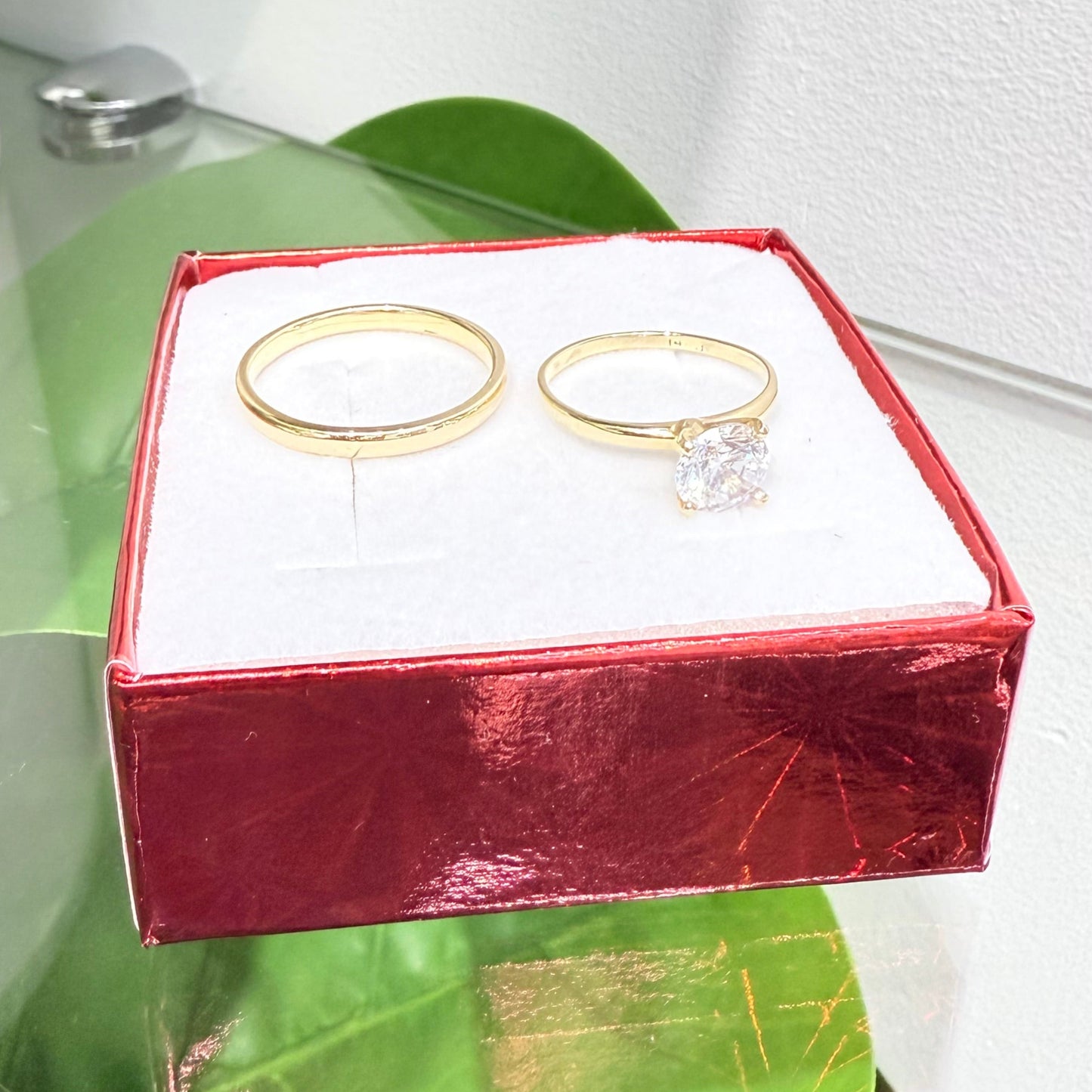 1127- NEW 14K Yellow Gold Solitaire Wedding Ring Set W.G