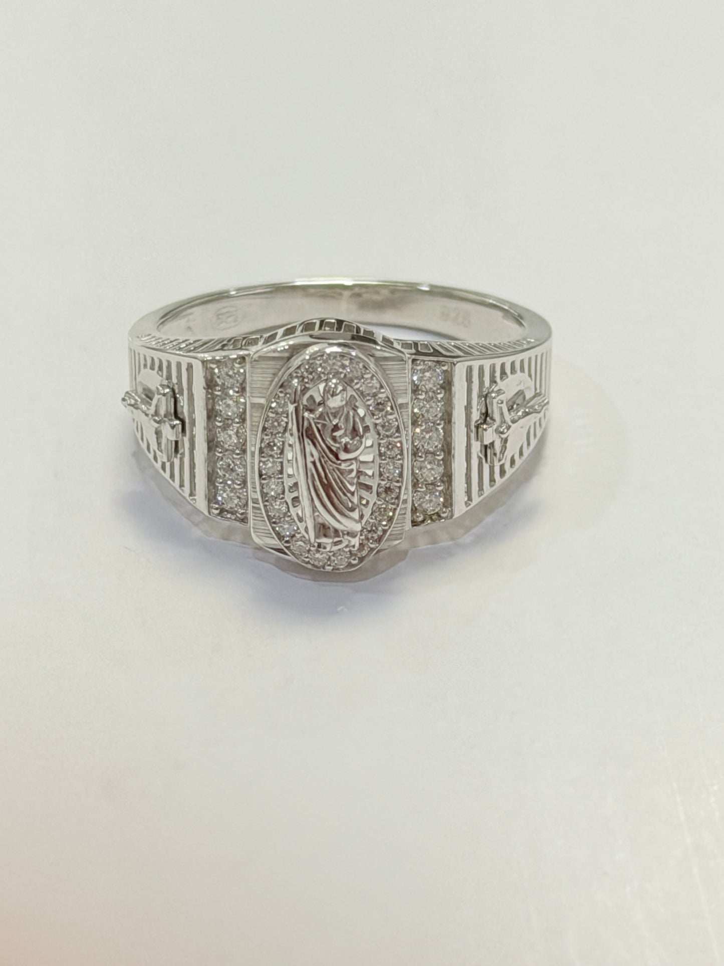 S1142- .925 Sterling Silver St Jude Moissanite Ring W.G