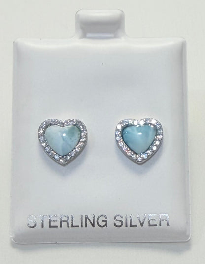 S902- NEW .925 Sterling Silver Heart Larimar Stud Earrings W.G