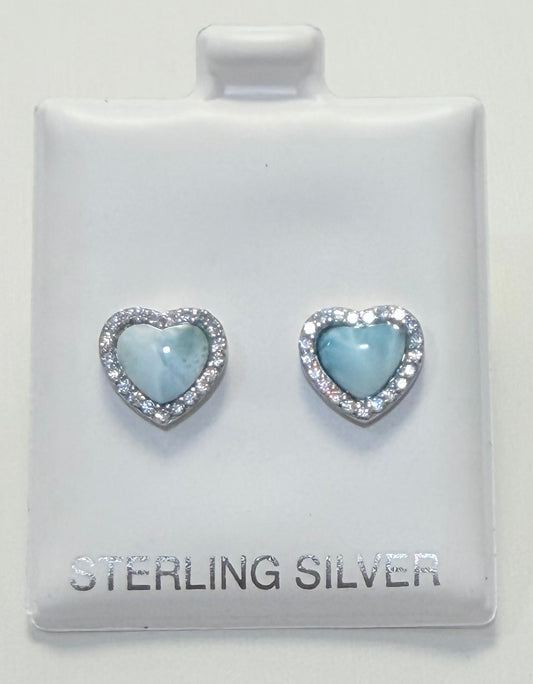 S902- NEW .925 Sterling Silver Heart Larimar Stud Earrings W.G