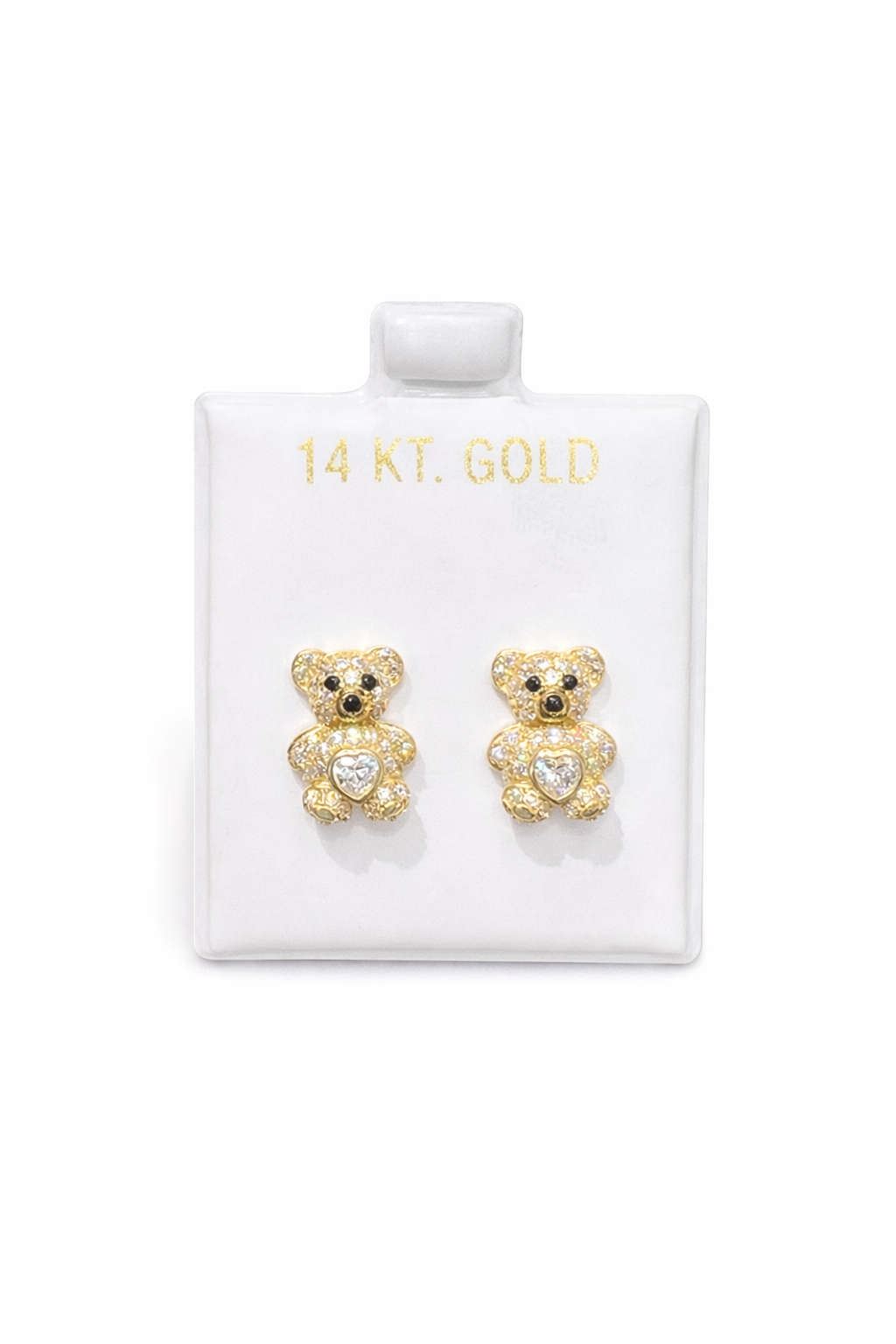1202- NEW 14K Gold Teddy Bear Full Cz Stud Earrings w/ Clear Cz (9.6mm) W.G
