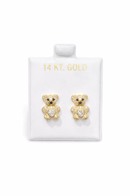 1202- NEW 14K Gold Teddy Bear Full Cz Stud Earrings w/ Clear Cz (9.6mm) W.G