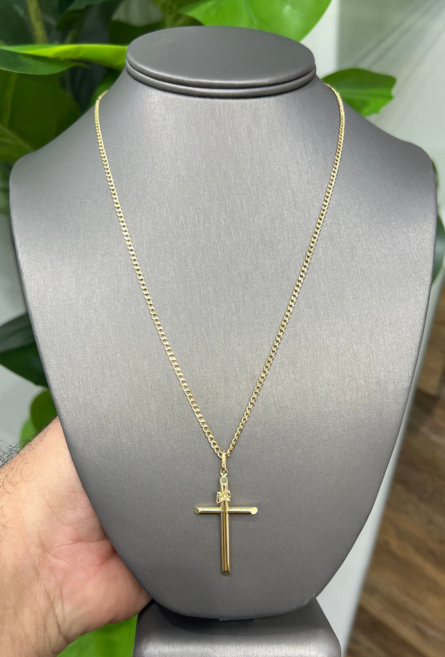 C53- NEW 10K Hollow Cuban Curb Chain Two Tone & Cross Pendant SET W.G