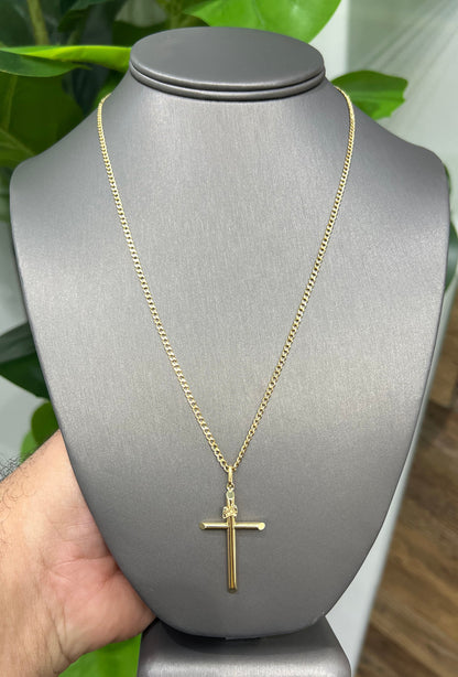 C53- NEW 10K Hollow Cuban Curb Chain Two Tone & Cross Pendant SET W.G