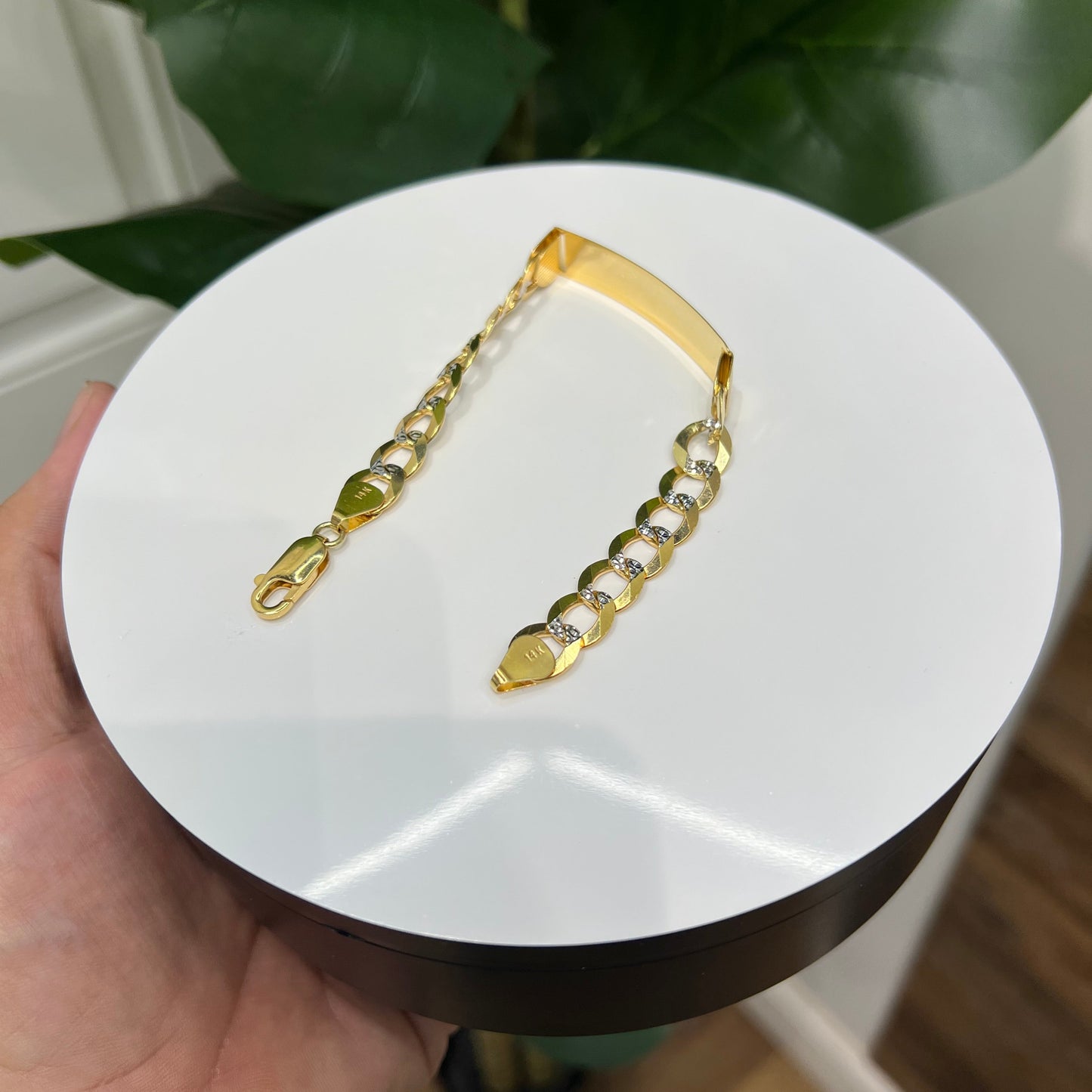 1235- NEW 14K Solid Flat Cuban Curb ID Bracelet Two Tone (9.5mm) W.G