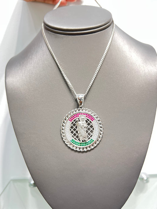 S490-NEW .925 Sterling Silver St. Jude Round Pendant W.G