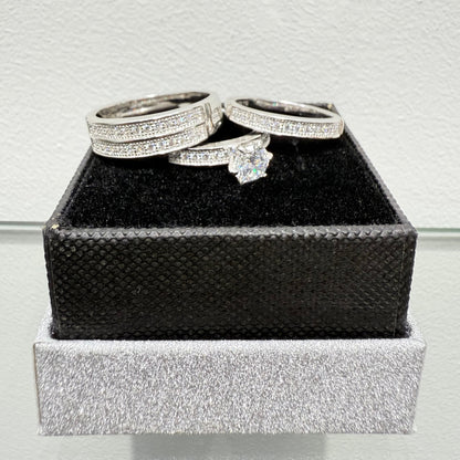 S1132- NEW .925 Sterling Silver Wedding Trio Ring Set W.G