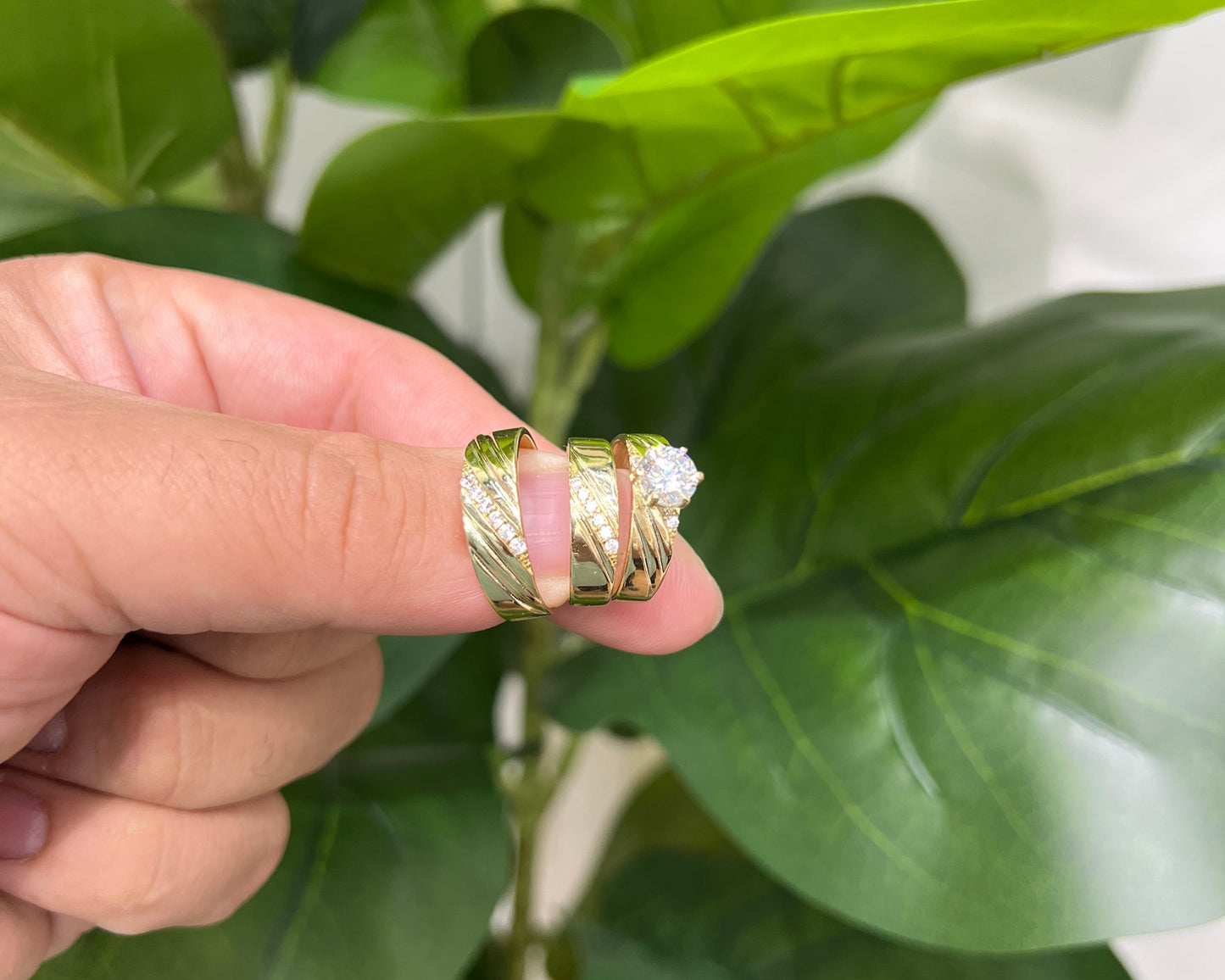 1233- NEW 14K Trio Wedding Ring Set W.G