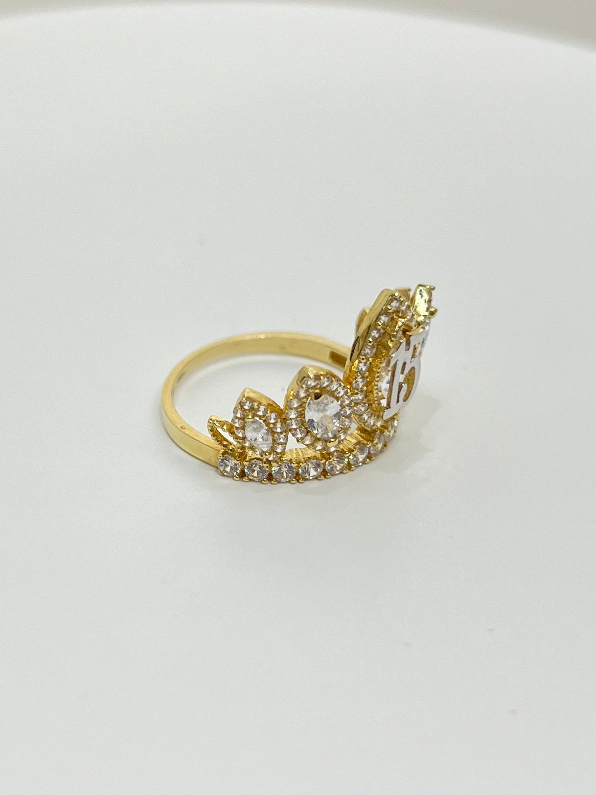 008- NEW 14K Full Cz Quinceañera Crown Ring W.G