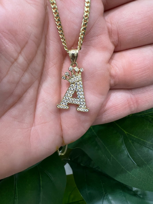 1211- NEW 14K Full Cz Letter A Crown on Top Pendant W.G