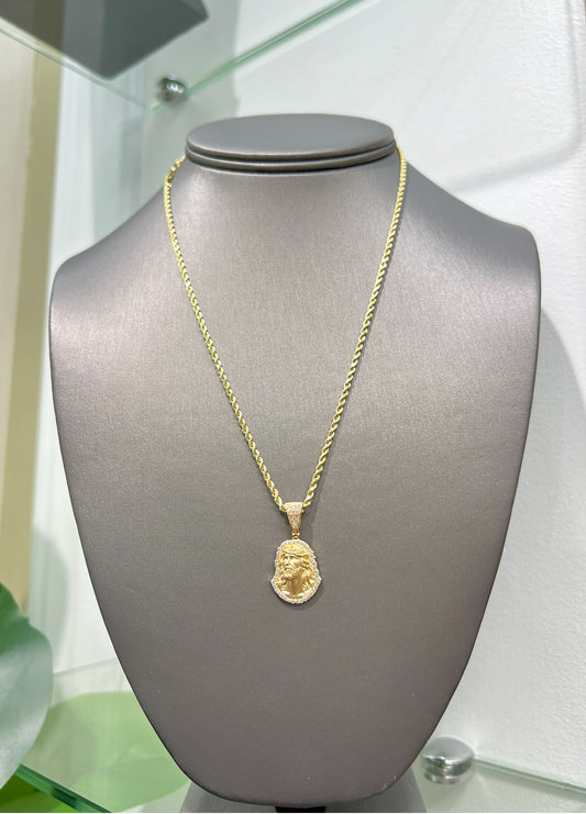 C40- NEW 14K Hollow Rope Chain 18” (2mm) & Jesus 3D Face Pendant Set W.G