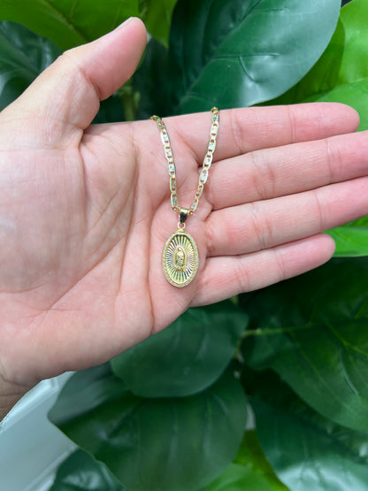 C39- NEW 14K Tri Tone Valentino Chain 18” (3.4mm) & Our Lady of Guadalupe Pendant Set W.G