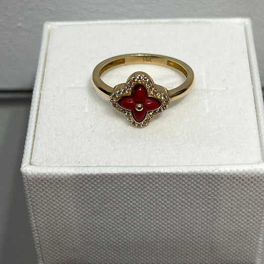 599-NEW 14K Red Trebol Gold Ring (W.G)