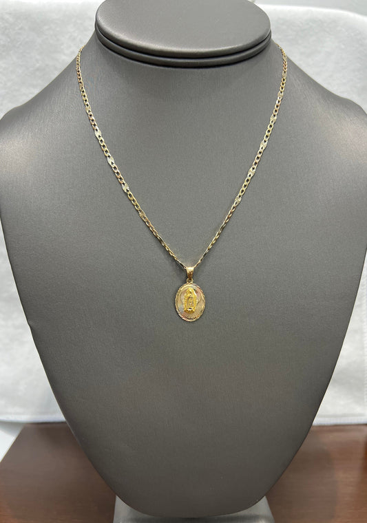 C73- NEW 14K Tri Color Figaro Chain 16" 2.7mm + 14K Our Lady of Guadalupe Pendant SET W.G