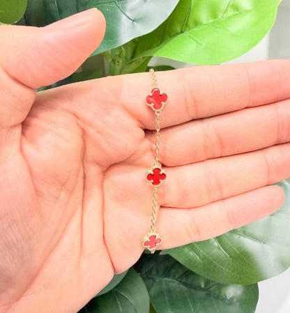 1589- NEW 14K Red Trebol Bracelet (8mm) 7”+1” Ext W.G
