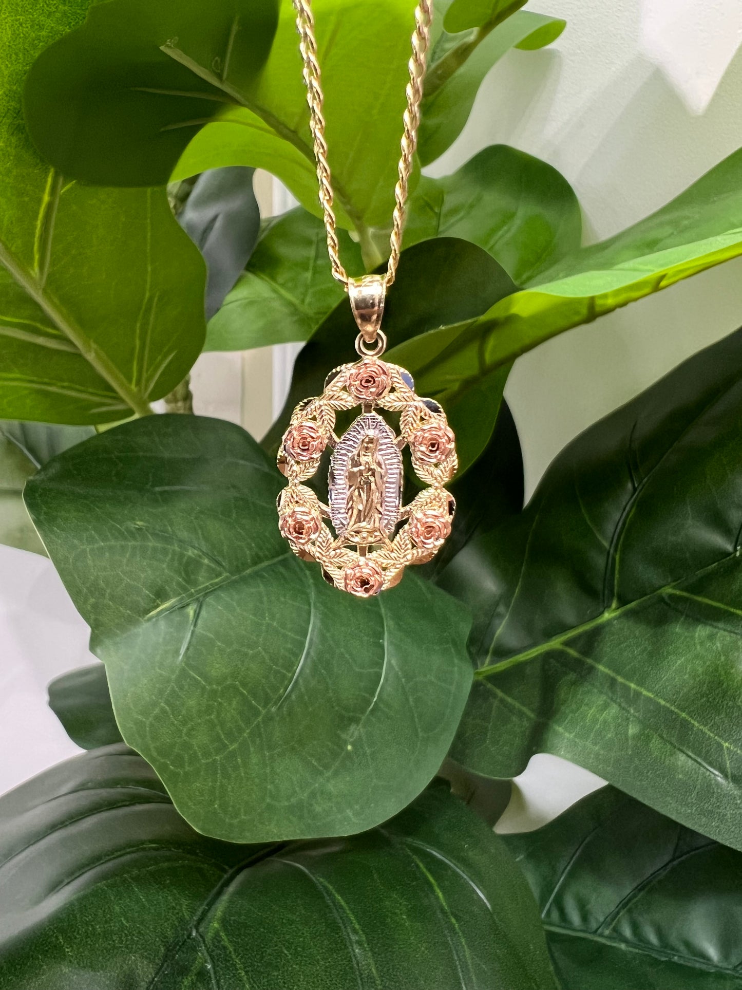 1336- NEW 14K Our Lady Of Guadalupe Rose Wreath Charm Two Tone W.G