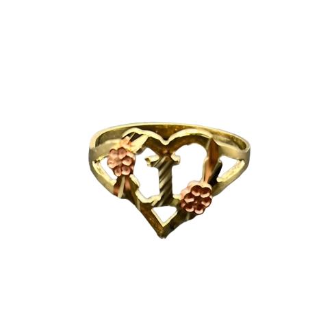 292- Anillo de oro amarillo de 14 quilates con forma de corazón y letra “I”