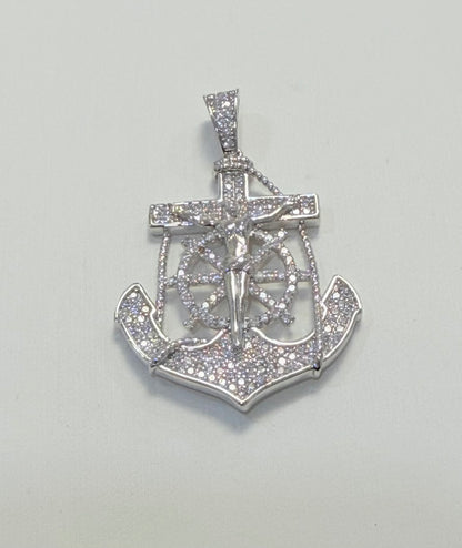 S862- NEW Sterling Silver Full Cz Anchor Pendant W.G