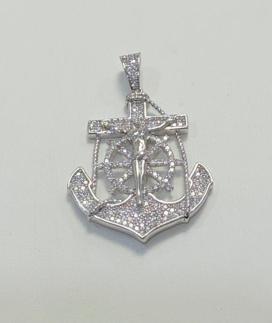 S862- NEW Sterling Silver Full Cz Anchor Pendant W.G