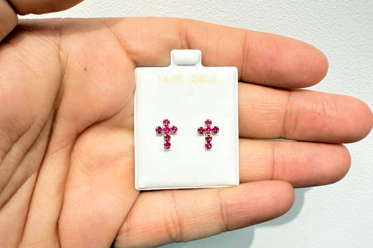 1046- NEW Full Cz Dark Pink Cross Stud Earrings W.G