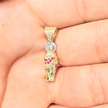 1145- NEW 14K St. Jude Red & Green Cz Stone Pendant W.G