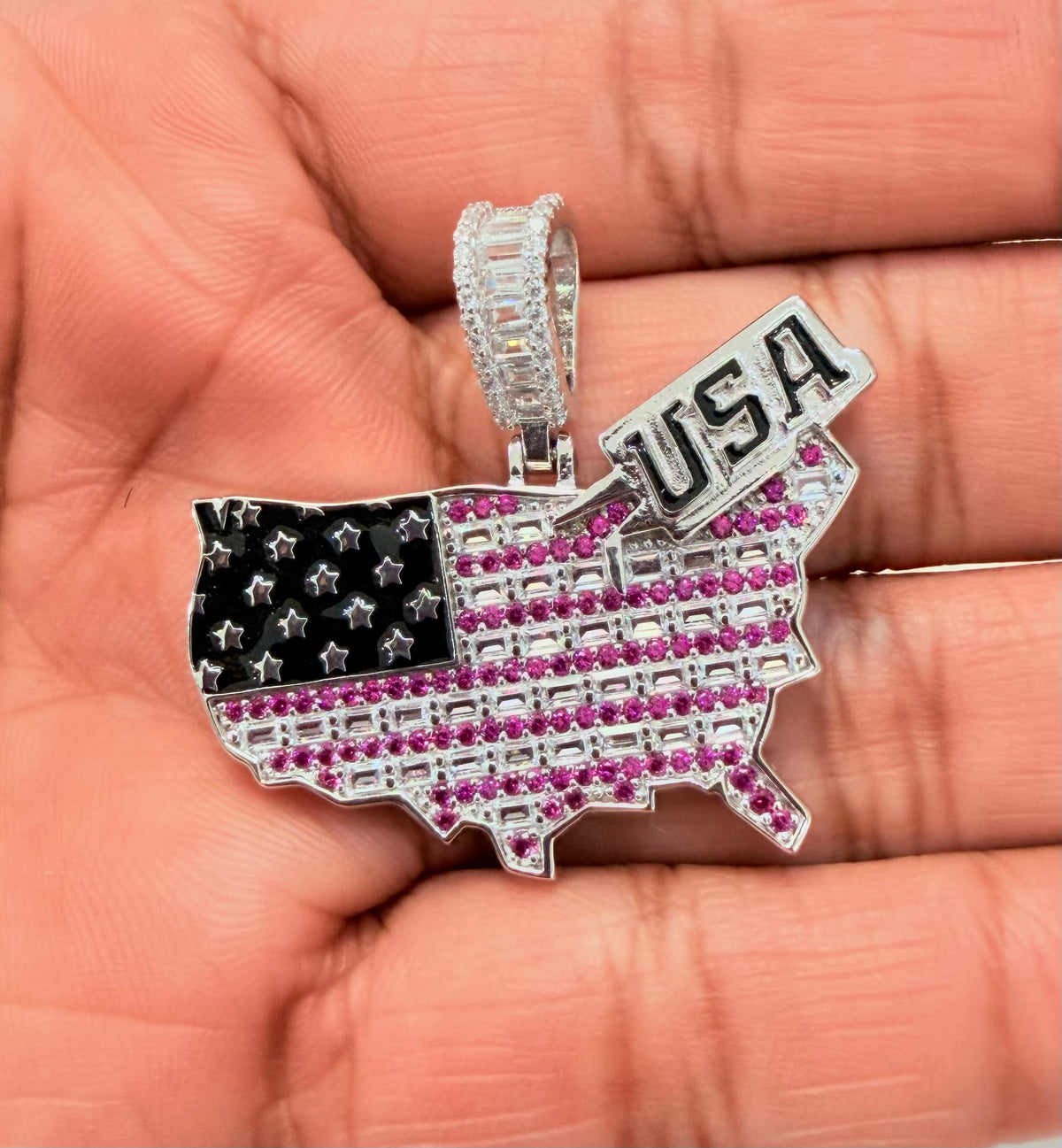S845- NEW .925 Sterling Silver USA Map Flag Pendant W.G