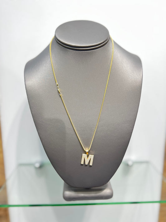 C14- NEW 14K Franco Chain and Letter M Pendant Set