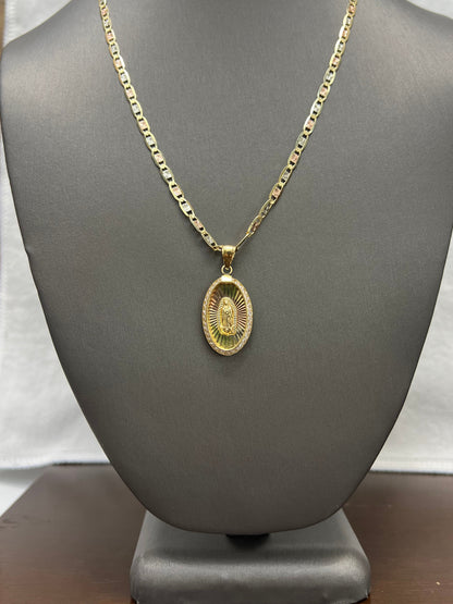 C39- NEW 14K Tri Tone Valentino Chain 18” (3.4mm) & Our Lady of Guadalupe Pendant Set W.G