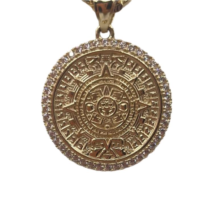 00127- NEW 14K  Aztec Mayan Sun Calendar Azteca Pendant (W.G)