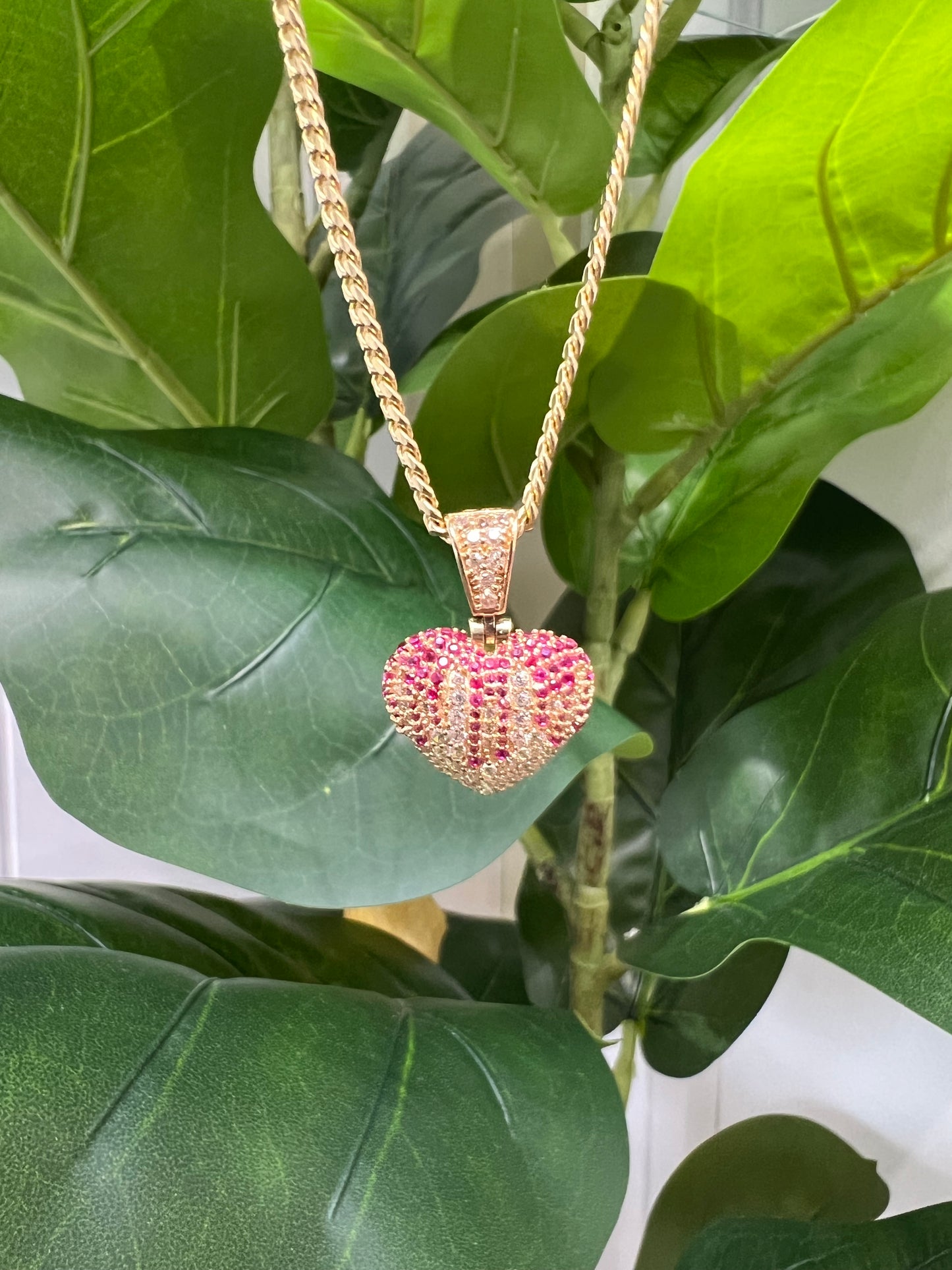 1220- NEW 14K Full Cz Pink Heart Shape Pendant W.G