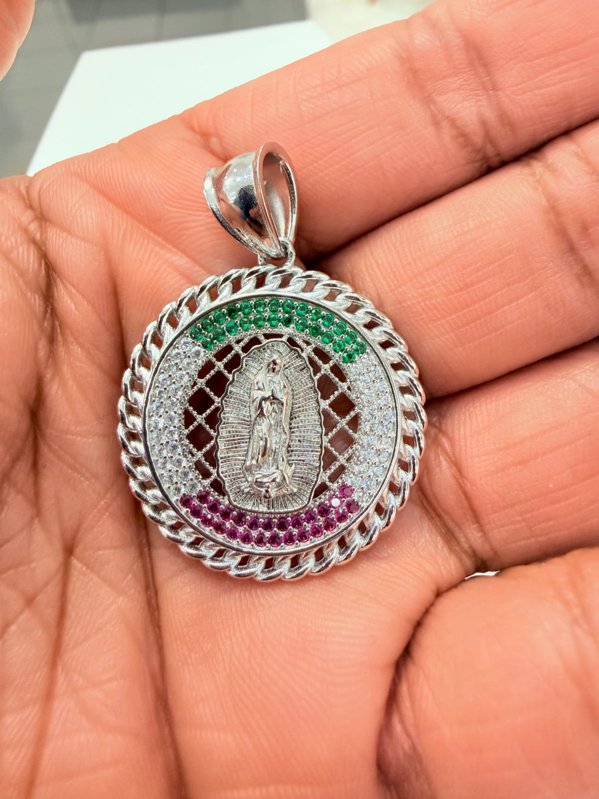 S492- NEW Sterling Silver Our Lady Of Guadalupe Pendant 29mm W.G