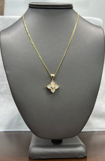 C71- NEW 14K Solid Flat Cuban Curb Chain 18" (2.0mm)+ 14K White Clover Pendant SET W.G