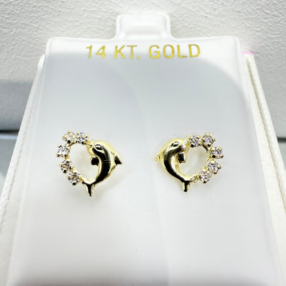 1068-NEW 14K Heart Shape Dolphin & Cz Stone Stud Earrings W.G