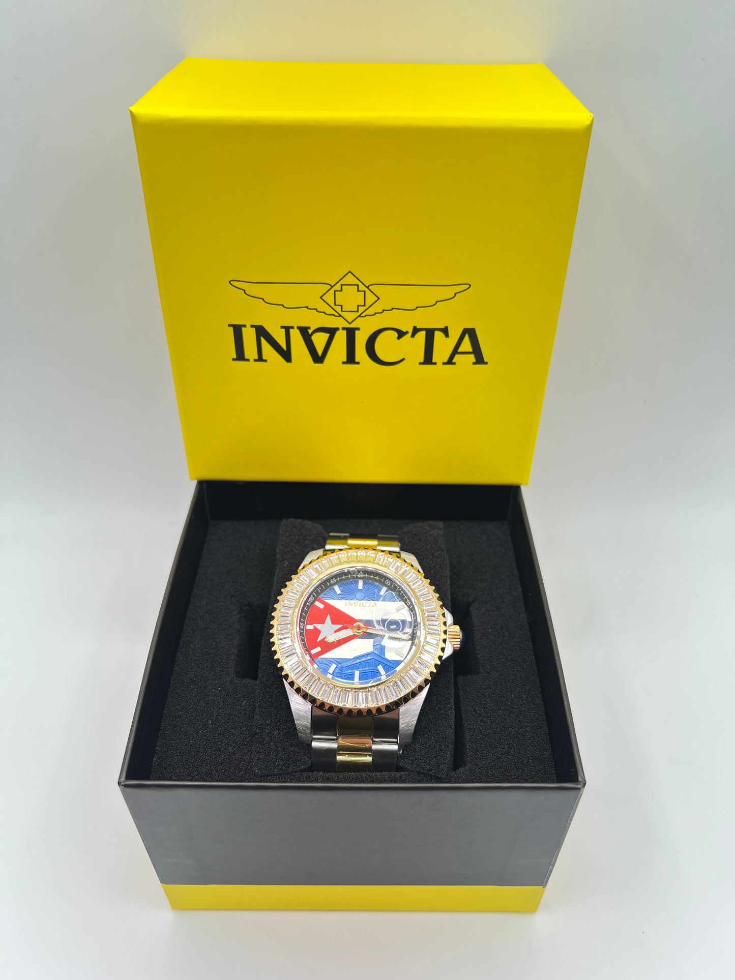 R54- Invicta Silver & Gold  Band Cuban Flag Men's Watch -47mm