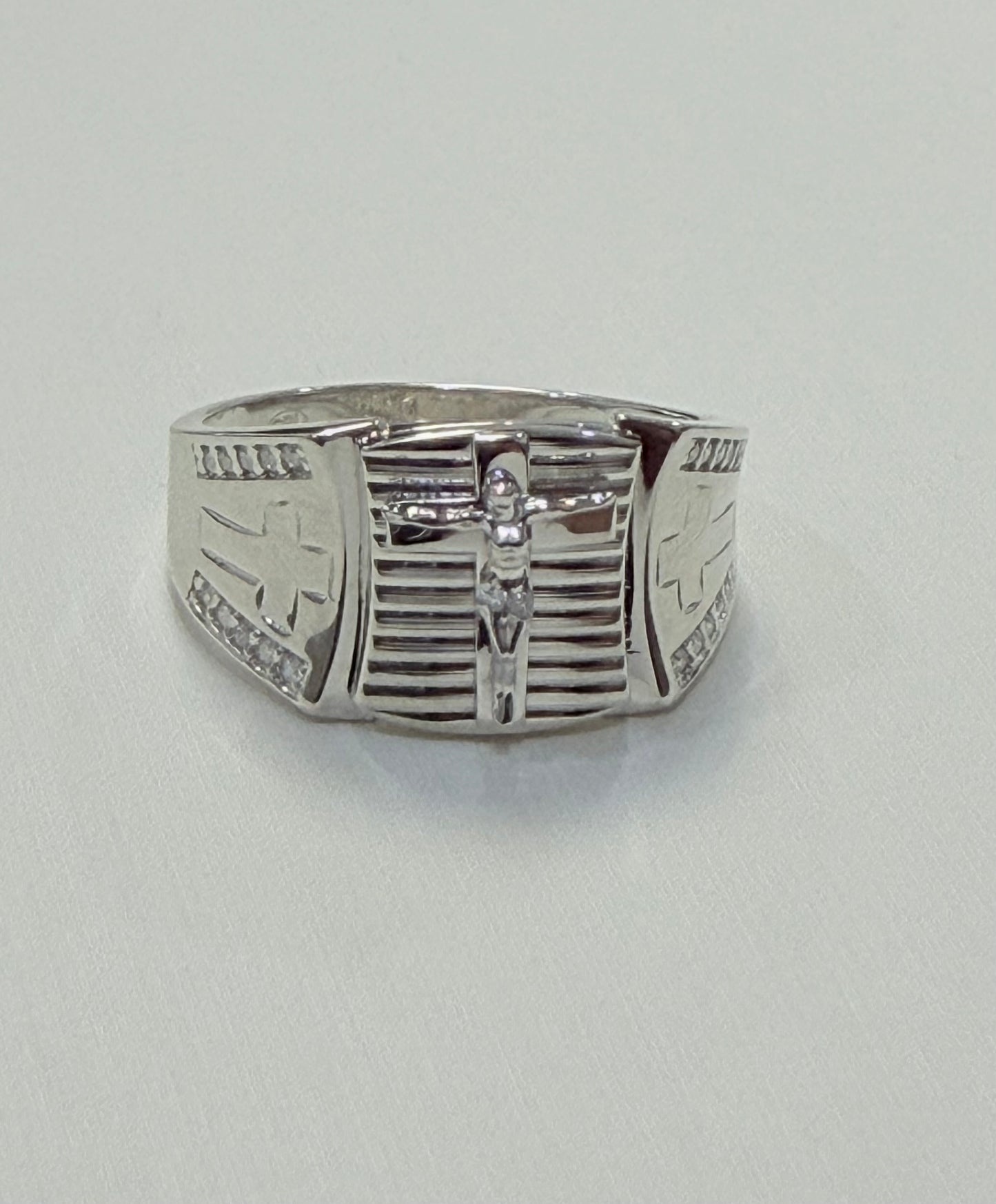 S1140- .925 Sterling Silver & Moissanite Crucifix Men’s Ring W.G