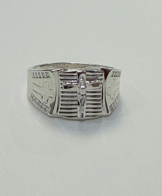 S1140- .925 Sterling Silver & Moissanite Crucifix Men’s Ring W.G