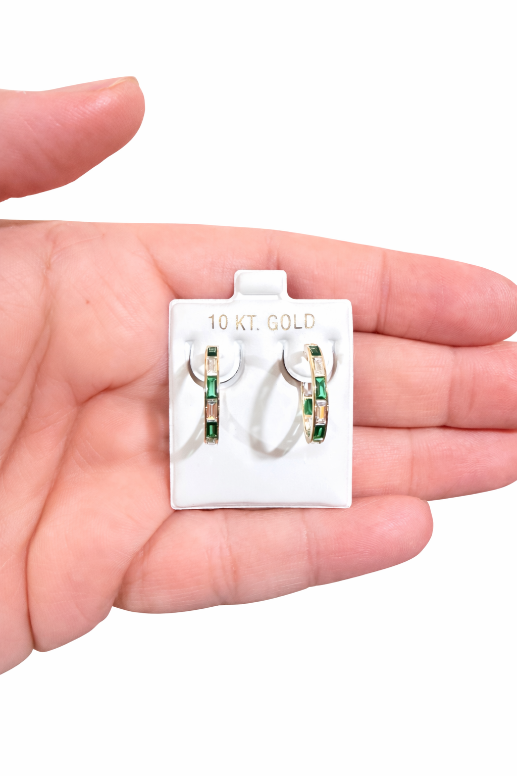 1109-NEW 10K Clear & Green Cz Hoop Earrings (18.2x2.7mm) W.G