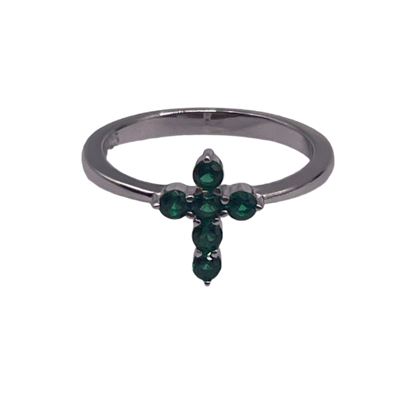 S562- .925 Green Cz Stones Cross Ring Size 7