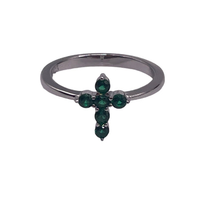 S562- .925 Green Cz Stones Cross Ring Size 7