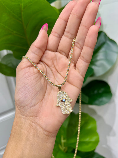 C13- NEW Ice Chain and Hamsa Hand Pendant Set W.G.