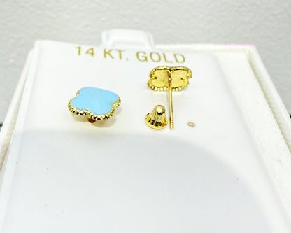 1077-NEW 14k Gold Trebol Aqua Blue Stud Earrings (7mm) W.G