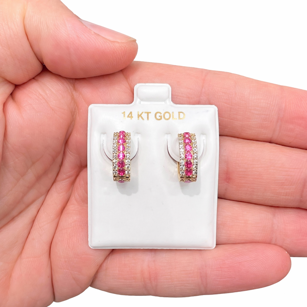 1543- 14K Gold Huggie Hoop Earrings Red & Clear Full Cz (14.5mm)W.G