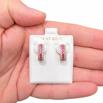 1543- 14K Gold Huggie Hoop Earrings Red & Clear Full Cz (14.5mm)W.G