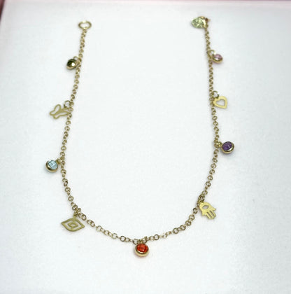 1157- NEW 14K Dangling Assorted Charms Anklet Bracelet W.G
