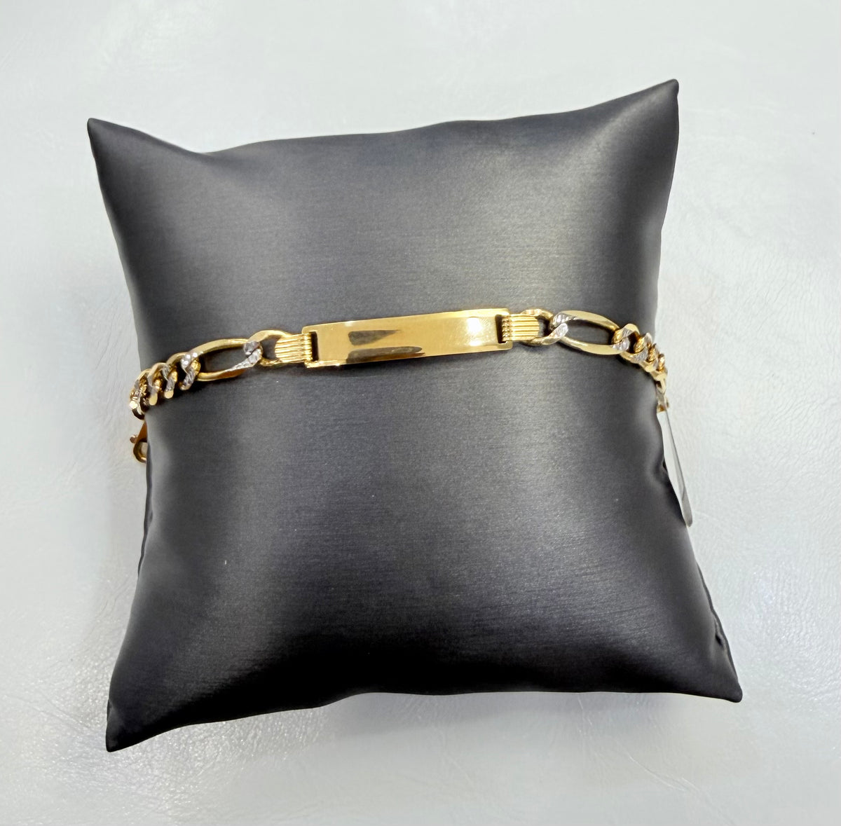 1236- 14K Solid Figaro ID Bracelet Two Tone 7” (5.7mm) W.G