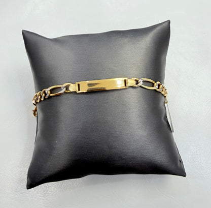 1236- 14K Solid Figaro ID Bracelet Two Tone 7” (5.7mm) W.G