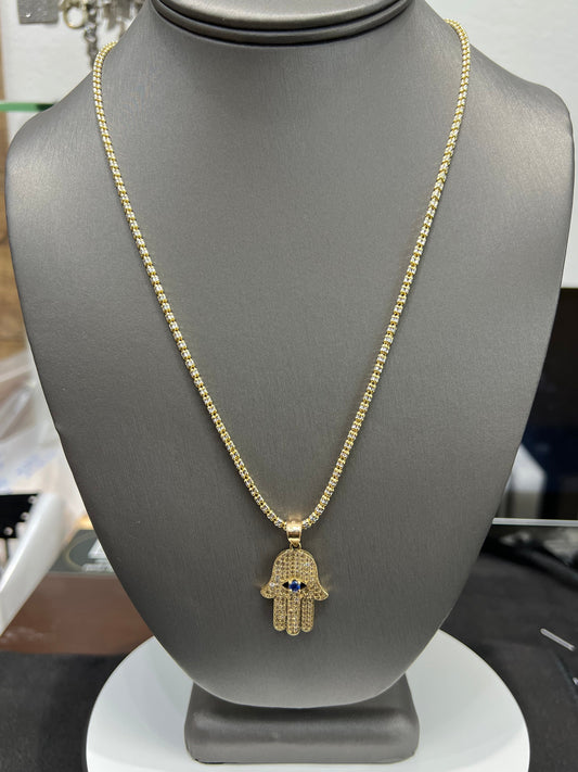 C13- NEW Ice Chain 22” (2.5mm) and Hamsa Hand Pendant Set W.G.