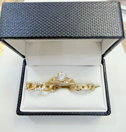 1374- NEW 10K Cuban Link Band Wedding Rings Trio W.G